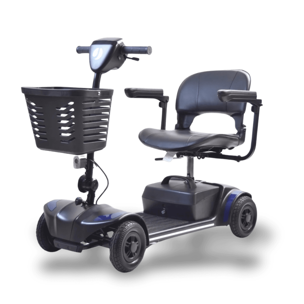A compact electric mobility scooter with a basket and padded seat.
