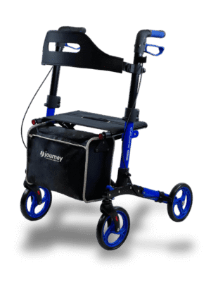 A compact blue and black rollator with storage bag and four wheels.