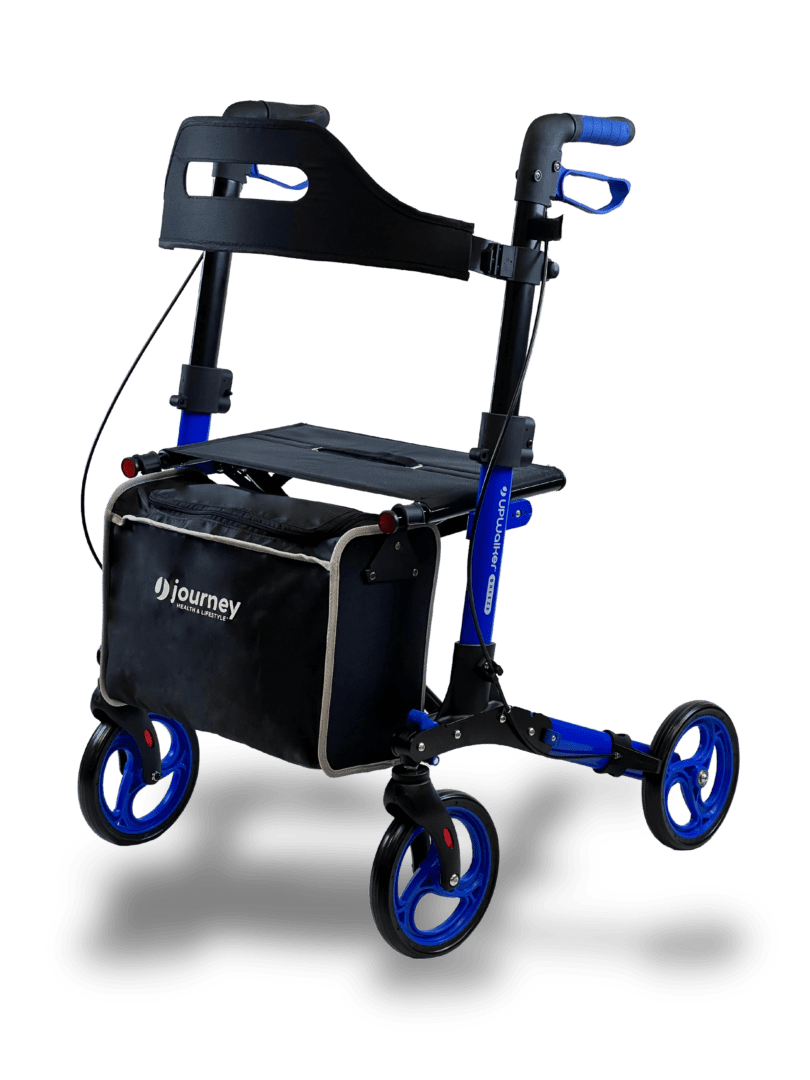 A compact blue and black rollator with storage bag and four wheels.