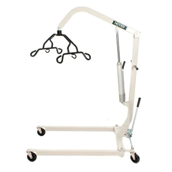 A white patient lift with wheels and a black sling support.