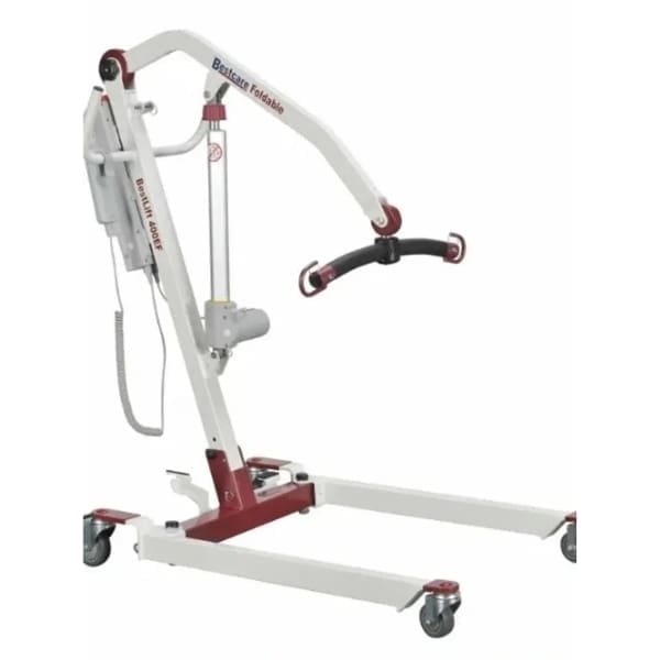 A white patient lift with a red base and wheels for mobility.