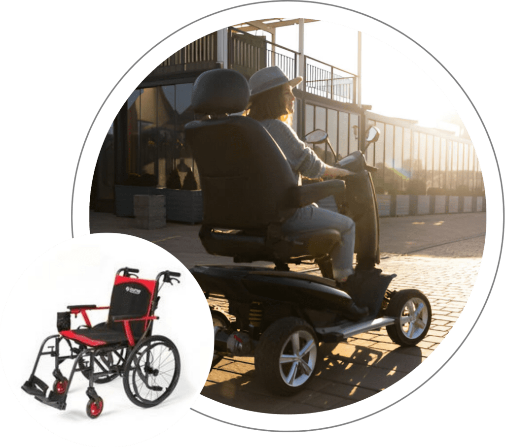 Person riding a mobility scooter outdoors in sunlight.