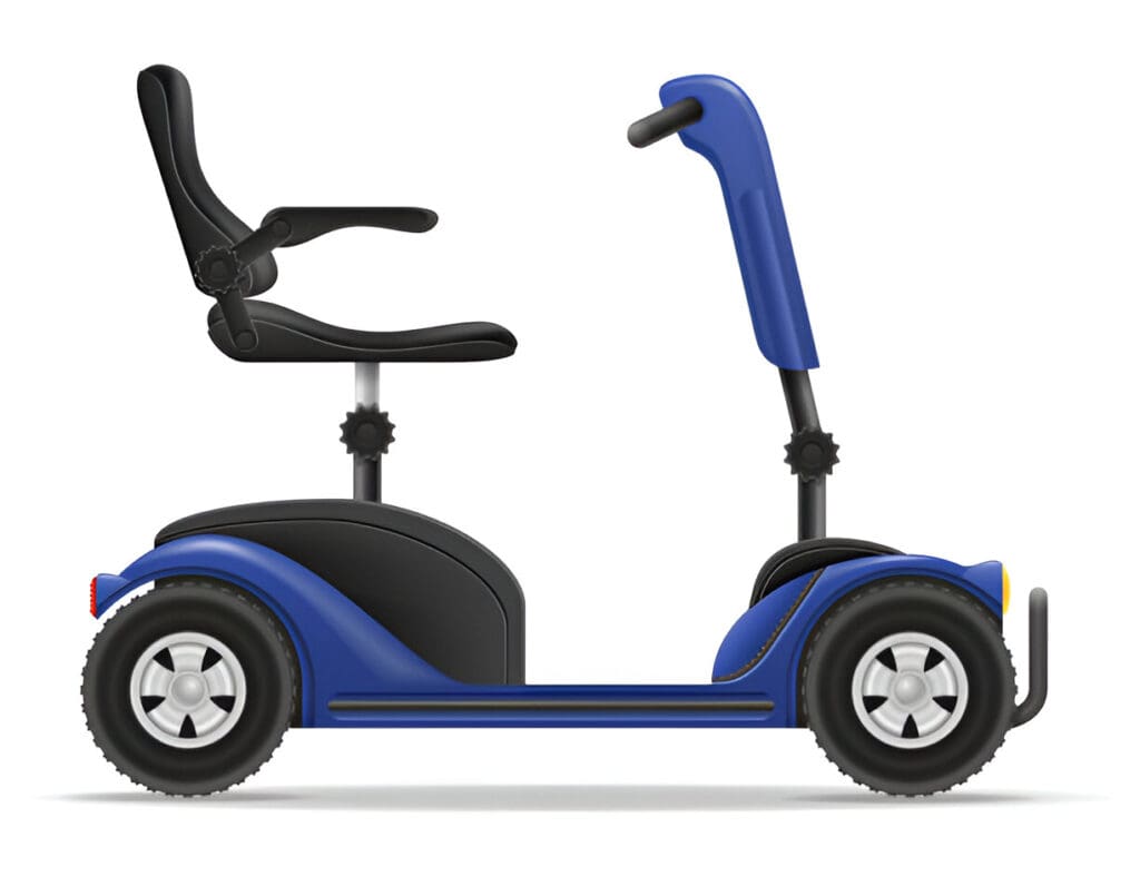 A modern blue mobility scooter with a comfortable seat and handlebars.