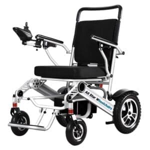 Compact electric wheelchair with black seat and foldable design.
