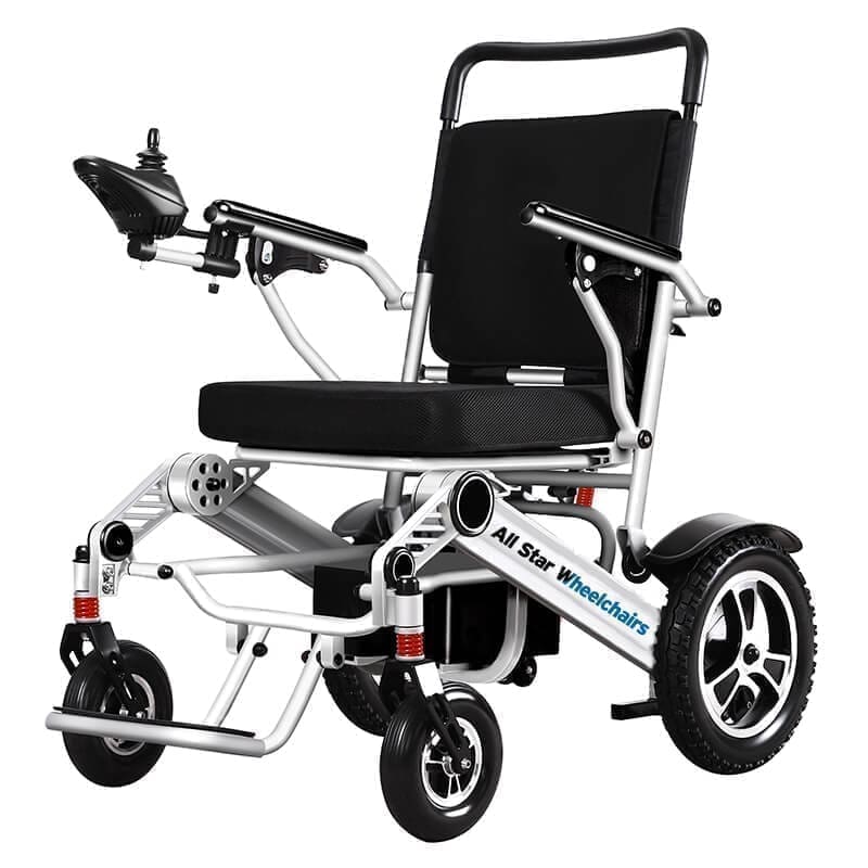 Compact electric wheelchair with black seat and foldable design.