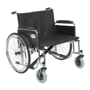 A black manual wheelchair with large rear wheels and small front caster wheels.