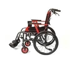 Red and black wheelchair with large rear wheels and small front casters.