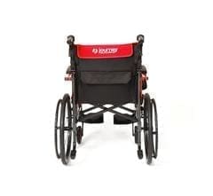 A black wheelchair with a red backrest.