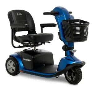Compact blue mobility scooter with black seat and front basket.