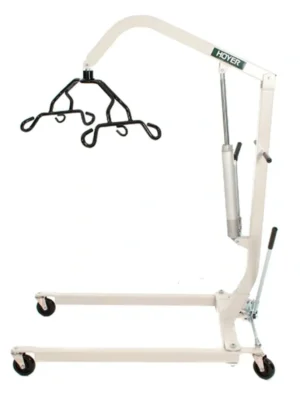 A white patient lift with wheels and black slings for mobility assistance.