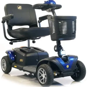 Compact blue mobility scooter with a front basket and padded seat.