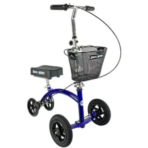 A blue knee scooter with a basket and padded knee rest for mobility support.