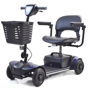 Compact four-wheel mobility scooter with a front basket and cushioned seat.