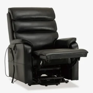 Black leather recliner chair with a footrest extended.