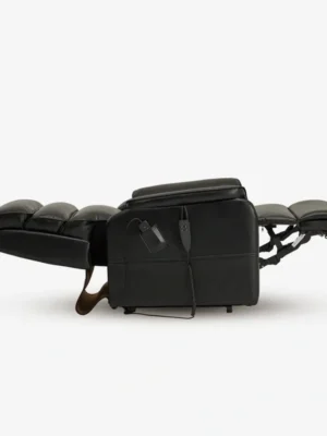 Black reclining massage chair isolated on white background.