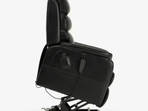 Black ergonomic office chair with adjustable features and cushioned backrest.