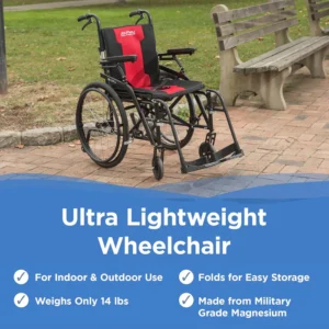 Lightweight wheelchair designed for indoor and outdoor use, weighing only 14 lbs.