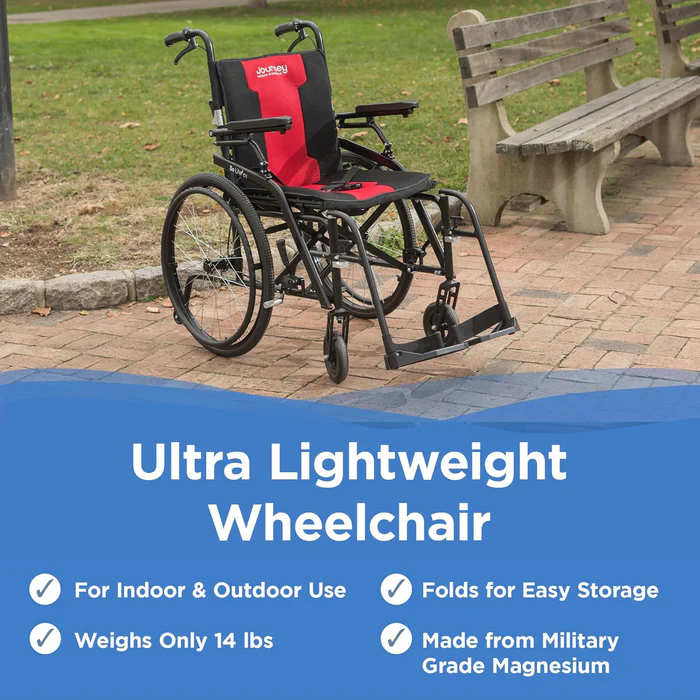 Lightweight wheelchair designed for indoor and outdoor use, weighing only 14 lbs.