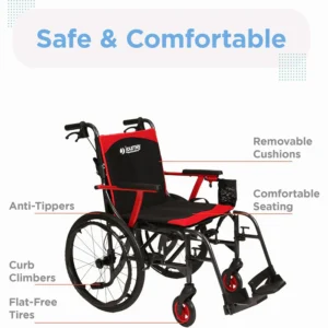 Wheelchair highlighting safety and comfort features.