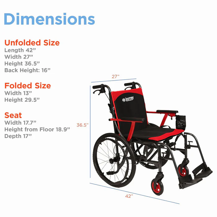 Red and black wheelchair with dimension details.