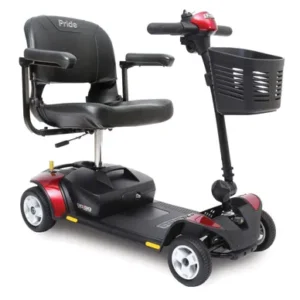 Compact mobility scooter with comfortable seat and front basket.