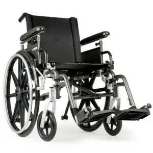 A black manual wheelchair with large rear wheels and footrests.