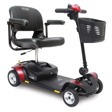 Compact mobility scooter with comfortable seat and front basket.