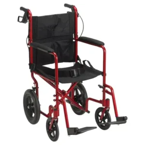 Red and black lightweight wheelchair with armrests and footrests.