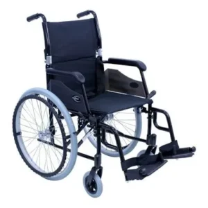 A black manual wheelchair with large rear wheels and footrests.