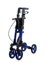 Blue knee walker with four wheels and black handles.