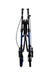 Blue and black ski poles with adjustable straps and handles.