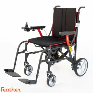 Lightweight, foldable wheelchair with black cushioning and red accents.