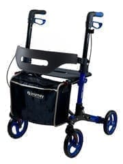 A modern blue and black rollator walker with a storage bag.