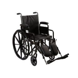 A wheelchair with wheels and foot rests on the back.