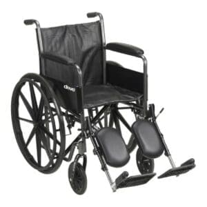 A wheelchair with wheels and foot rests on the front.