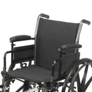 A wheelchair with the seat folded down.