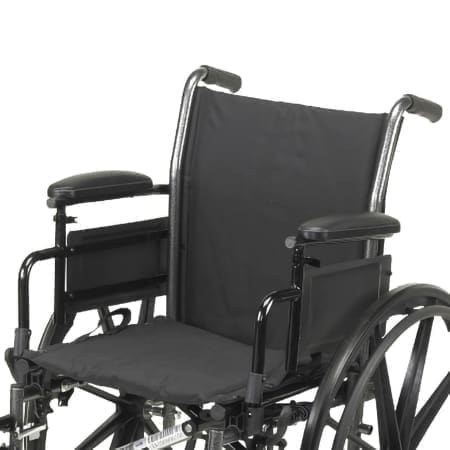A wheelchair with the seat folded down.