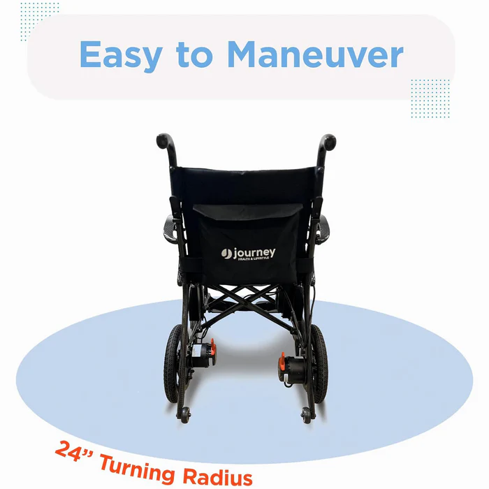 Compact wheelchair with 24-inch turning radius for easy maneuvering.