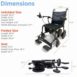 Electric wheelchair with dimensions for unfolded, folded, and seat sizes.