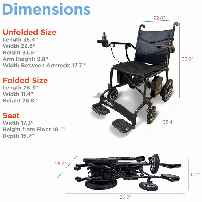 Electric wheelchair with dimensions for unfolded, folded, and seat sizes.
