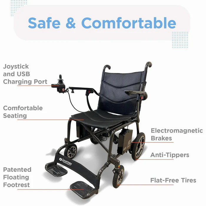 Black electric wheelchair with joystick control and comfortable seating.