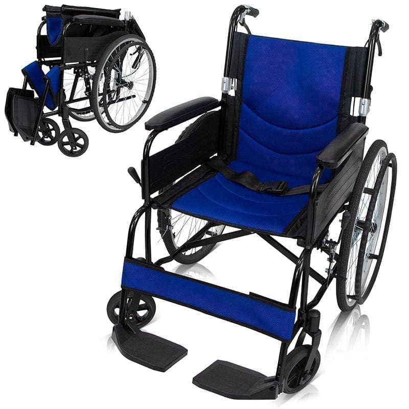 A blue and black manual wheelchair with footrests and large rear wheels.