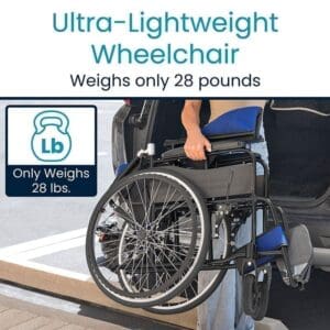 Ultra-lightweight wheelchair weighing just 28 pounds for easy transport.