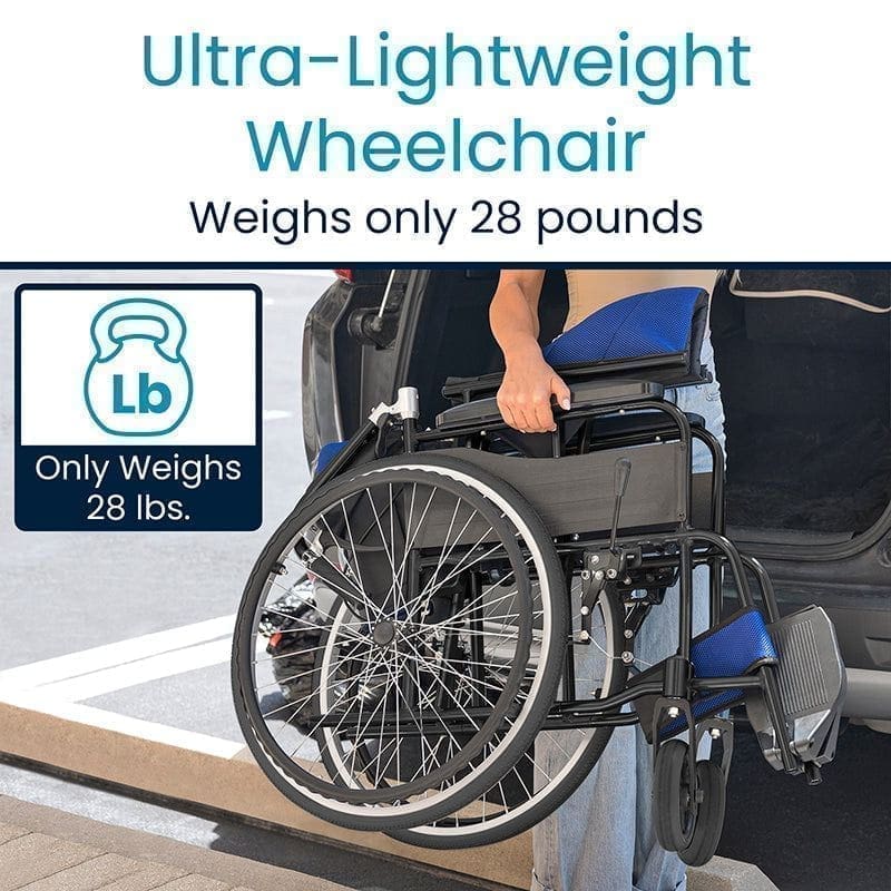 Ultra-lightweight wheelchair weighing just 28 pounds for easy transport.