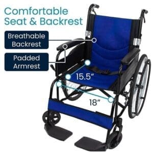 Blue wheelchair with padded armrests and breathable backrest for comfort.