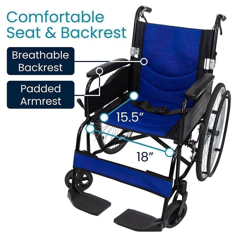 Blue wheelchair with padded armrests and breathable backrest for comfort.