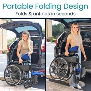 Woman easily folds and unfolds a wheelchair for car transport.