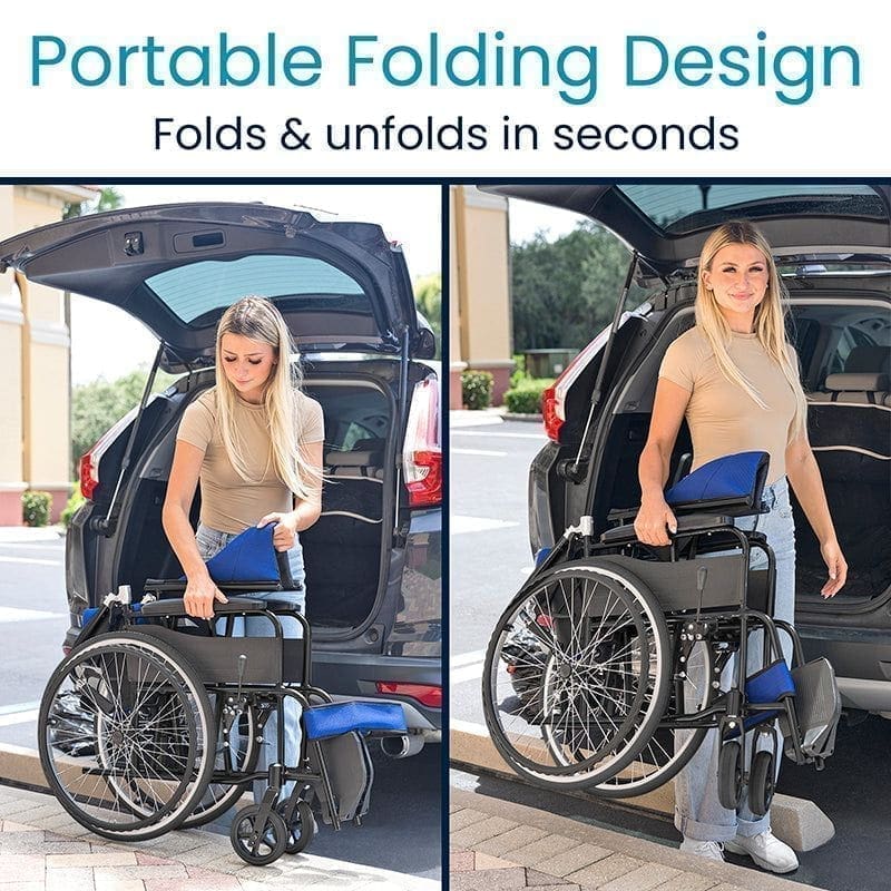 Woman easily folds and unfolds a wheelchair for car transport.