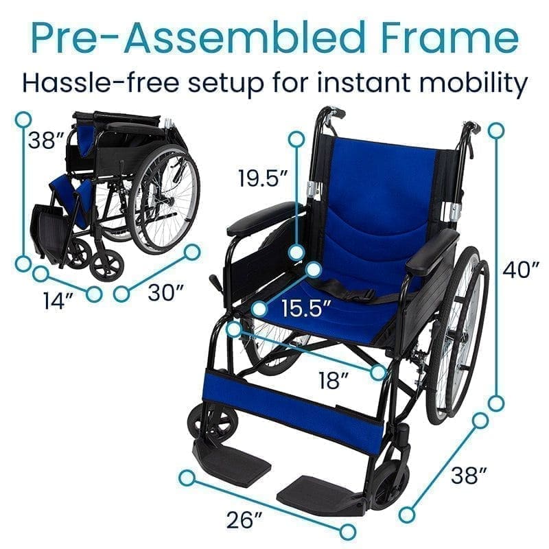 Blue wheelchair with pre-assembled frame for easy setup.