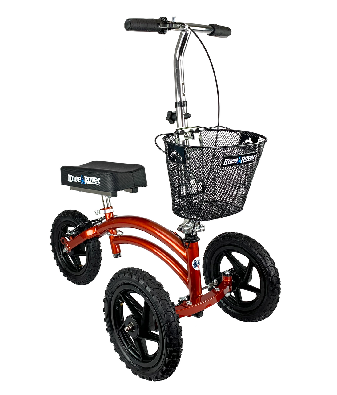 A red scooter with a basket on the front.